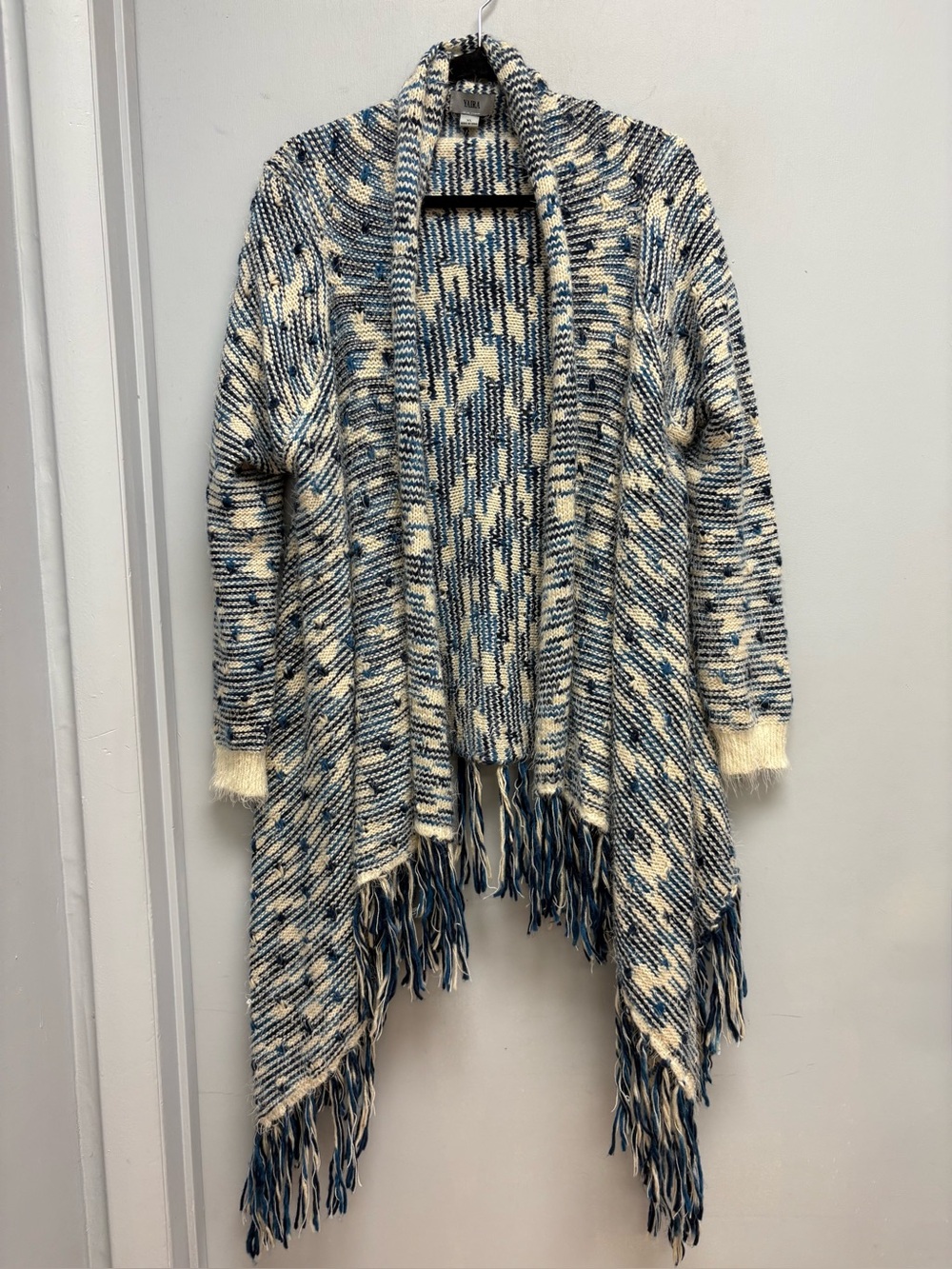 Yaira Blue Cream Marled Knit Waterfall Fringe Cardigan Sweater Size XL